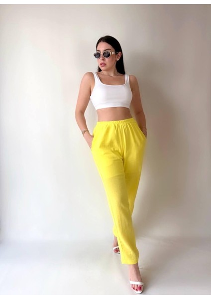 Kadın Cepli Astarlı Pamuklu Keten Kumaş Pantolon (Renkli)