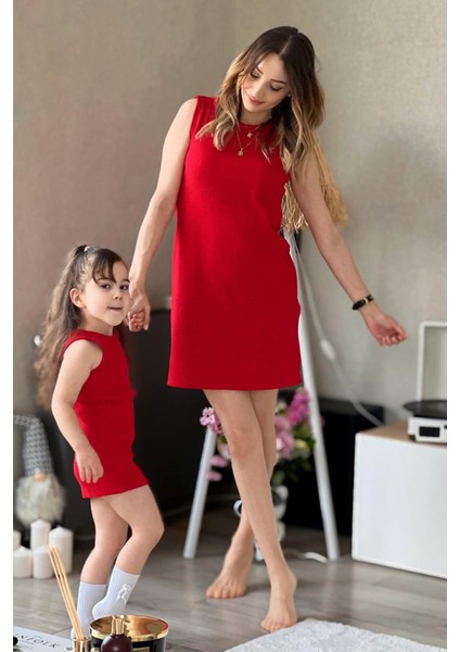 Yazlık Anne Kız Çocuk Elbise Yeni Sezon 1-10 Yaş Kırmızı
