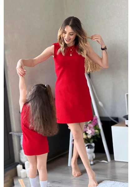 Yazlık Anne Kız Çocuk Elbise Yeni Sezon 1-10 Yaş Kırmızı modelleri