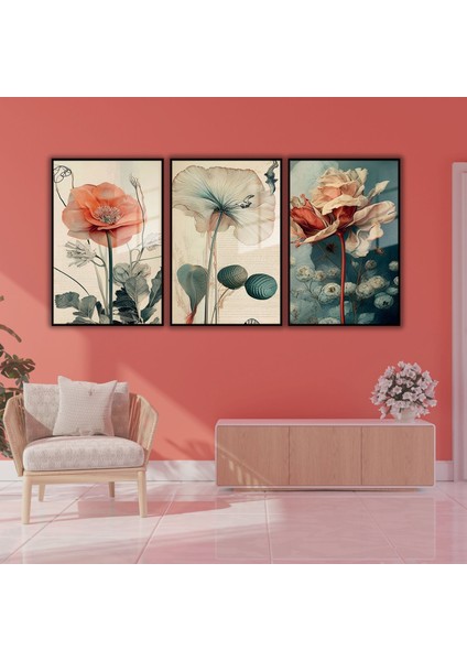 3'lü Metal Çerçeveli Cam Tablo Seti Soft Renk Gelincik Çiçekleri