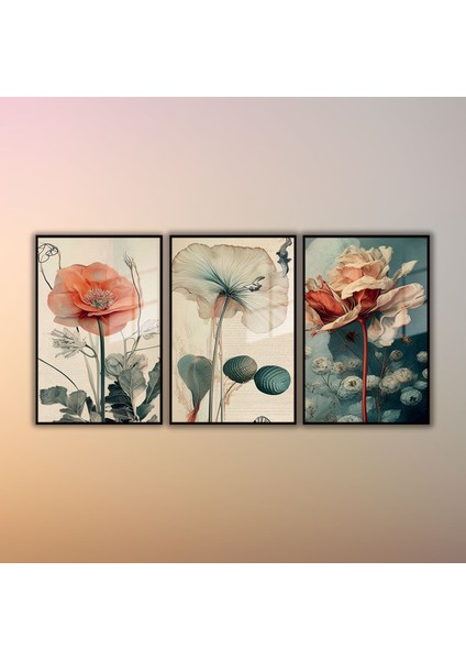 3'lü Metal Çerçeveli Cam Tablo Seti Soft Renk Gelincik Çiçekleri fiyatları