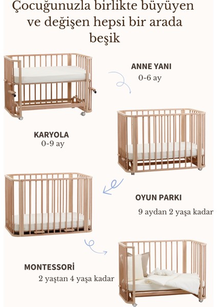 Doğal Ahşap 4 in 1 Beşik Takım (KM) 70 x 110 - anneyanı, karyola, oyun parkı, montessori + junior yatak