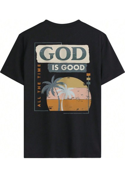 God Is Good T-Shirt Siyah Baskılı Oversize Bisiklet Yaka Kısa Kol