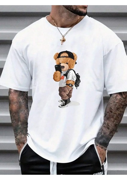 Cool Bear T-Shirt Beyaz Baskılı Oversize Bisiklet Yaka Kısa Kol