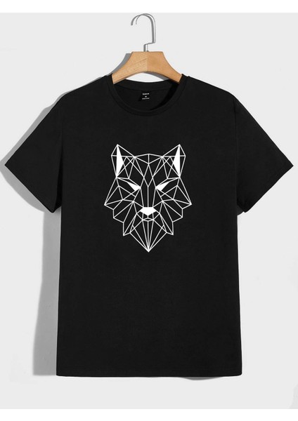 Geometrik Kurt Desen T-Shirt Siyah Baskılı Oversize Bisiklet Yaka Kısa Kol