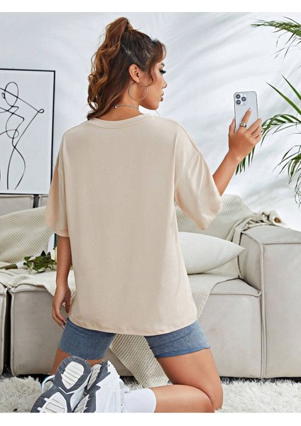 Çiçekli Desenler T-Shirt Bej Baskılı Oversize Bisiklet Yaka Kısa Kol