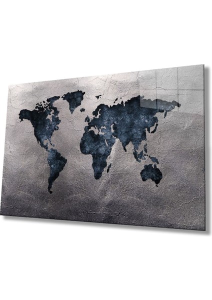 Miyrem Glasses Collection -A1^# Gri Eskitme Dünya Haritası Cam Tablo