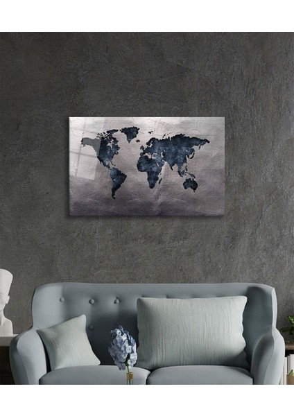 Miyrem Glasses Collection -A1^# Gri Eskitme Dünya Haritası Cam Tablo modelleri