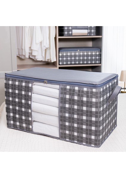 Mega Boy Pencereli Kare Desenli Ekose Gri Yastık Yorgan Düzenleyici Hurç 90X50X50 cm