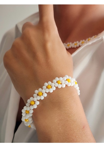 Papatya Model 4mm Kristal Boncuk Beyaz Sarı Kolye + Bileklik Set El Yapımı