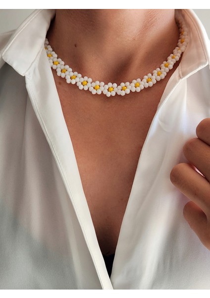 Papatya Model 4mm Kristal Boncuk Beyaz Sarı Kolye + Bileklik Set El Yapımı