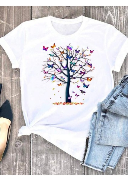 Stıl X Renkli Kelebekler Baskılı Kadın T-Shirt
