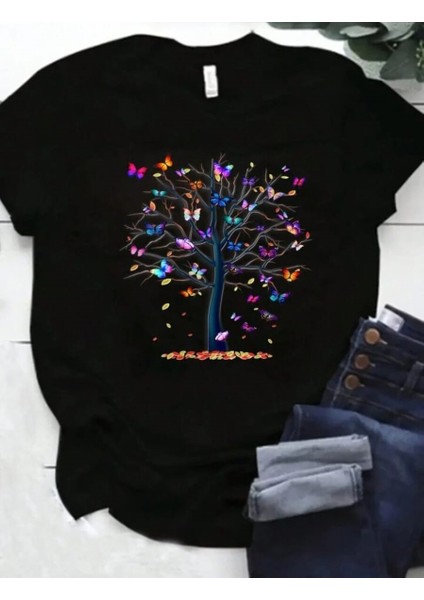 Stıl X Renkli Kelebekler Baskılı Kadın T-Shirt