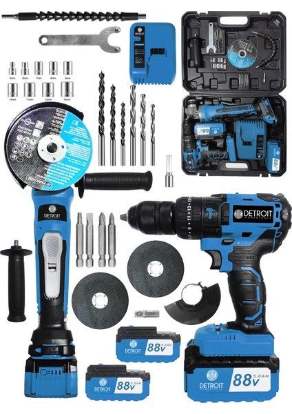 Usaultra 2 Li Set Şarjlı Taşlama Şarjlı Kömürsüz Matkap 88 V Setli -Mavı