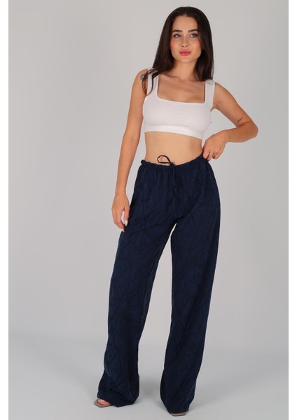 Kadın Lacivert Beli Lastikli Varak Baskılı Pantolon