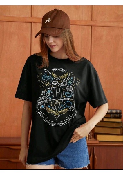 Stıl X Harry Potter Hogwarts Baskılı Bisiklet Yaka %100 Pamuklu Oversıze T-Shirt