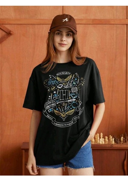 Stıl X Harry Potter Hogwarts Baskılı Bisiklet Yaka %100 Pamuklu Oversıze T-Shirt fiyatları