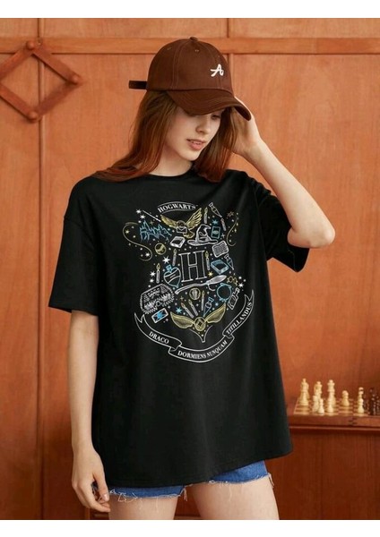 Stıl X Harry Potter Hogwarts Baskılı Bisiklet Yaka %100 Pamuklu Oversıze T-Shirt modelleri