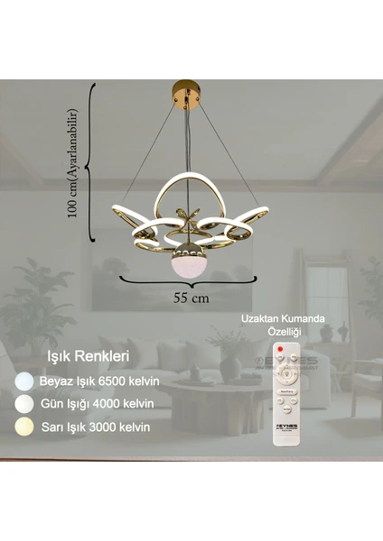 Eynes Avize Ledli Toplu Gold Renk Avize 3 Renk Işık Rengi  Kumandalı