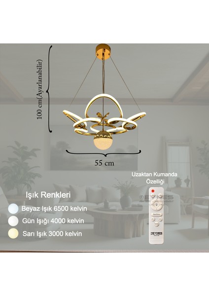 Ledli Toplu Gold Renk Avize 3 Renk Işık Rengi Kumandalı