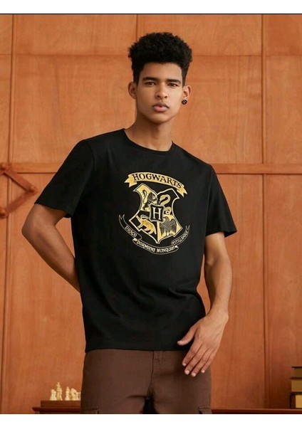 Stıl X Harry Potter Hogwarts Baskılı Bisiklet Yaka %100 Pamuklu T-Shirt