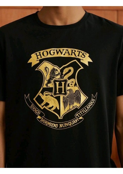 Stıl X Harry Potter Hogwarts Baskılı Bisiklet Yaka %100 Pamuklu T-Shirt