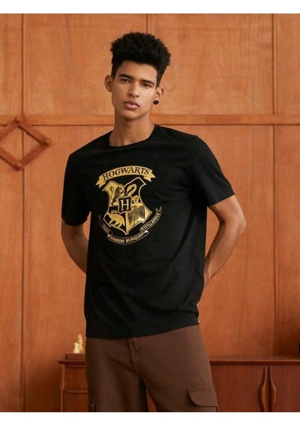 Stıl X Harry Potter Hogwarts Baskılı Bisiklet Yaka %100 Pamuklu T-Shirt