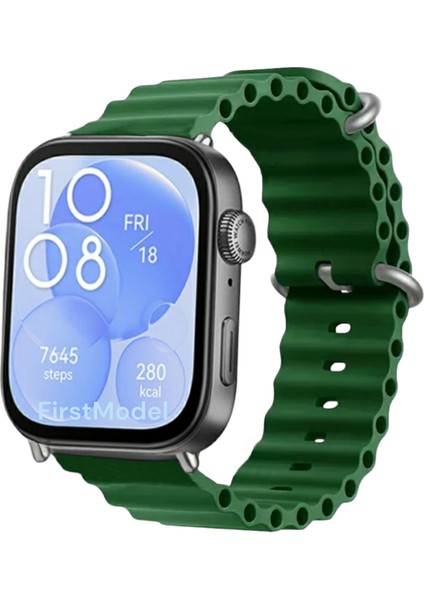 Huawei Watch Fit 3,4,4 Pro Uyumlu Ocean Silikon Kordon Pim Çevirici Aparatı ile Birlikte Koyu Yeşil