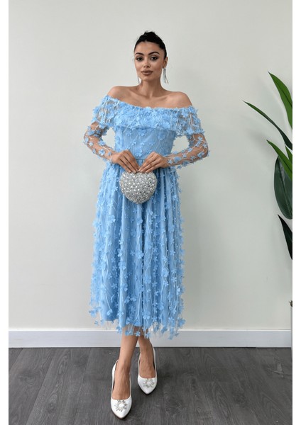 Üç Boyut Çiçekli Kumaş Kayık Yaka Midi Elbise - Buz Mavi