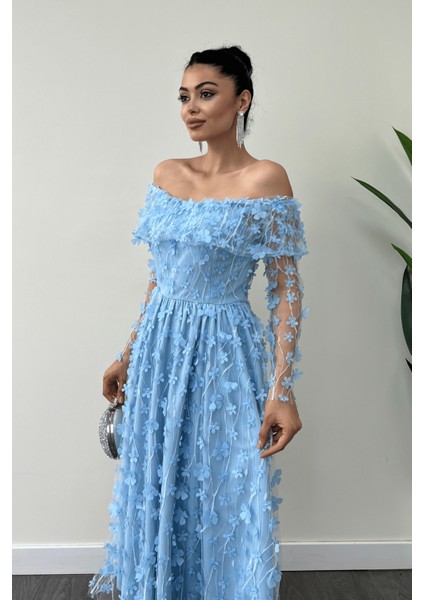 Üç Boyut Çiçekli Kumaş Kayık Yaka Midi Elbise - Buz Mavi modelleri