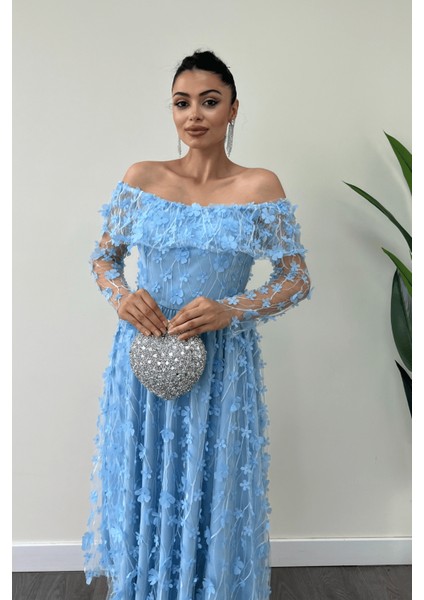 Üç Boyut Çiçekli Kumaş Kayık Yaka Midi Elbise - Buz Mavi fırsatları