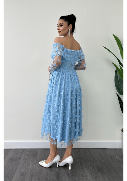 Üç Boyut Çiçekli Kumaş Kayık Yaka Midi Elbise - Buz Mavi indirimleri