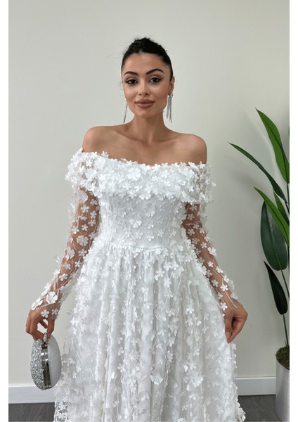 Üç Boyut Çiçekli Kumaş Kayık Yaka Midi Elbise - Beyaz modelleri