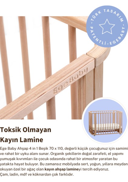 Doğal Ahşap 4 in 1 Beşik Takım(BL) 70 x 110 - anneyanı, karyola, oyun parkı, montessori + junior yatak