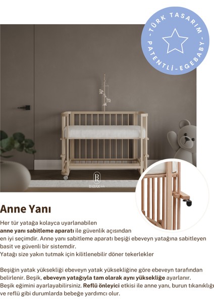 Doğal Ahşap 4 in 1 Beşik Takım(BL) 70 x 110 - anneyanı, karyola, oyun parkı, montessori + junior yatak