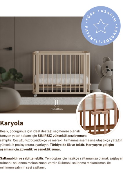 Doğal Ahşap 4 in 1 Beşik Takım(BL) 70 x 110 - anneyanı, karyola, oyun parkı, montessori + junior yatak