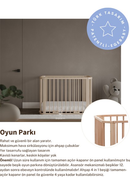 Doğal Ahşap 4 in 1 Beşik Takım(BL) 70 x 110 - anneyanı, karyola, oyun parkı, montessori + junior yatak