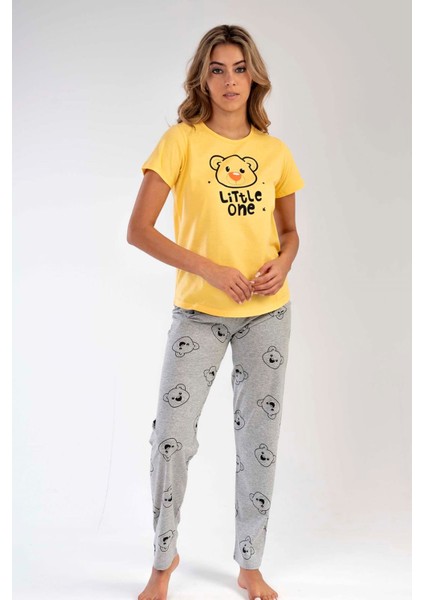Kadın Sarı Kısa Kollu Desenli Bisiklet Yaka Oval Etek Süprem Pijama Takımı