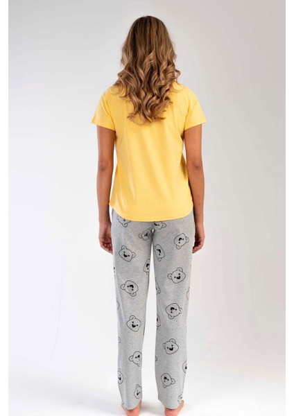Kadın Sarı Kısa Kollu Desenli Bisiklet Yaka Oval Etek Süprem Pijama Takımı