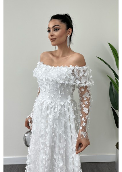 Üç Boyut Çiçekli Kumaş Kayık Yaka Midi Elbise - Beyaz fırsatları