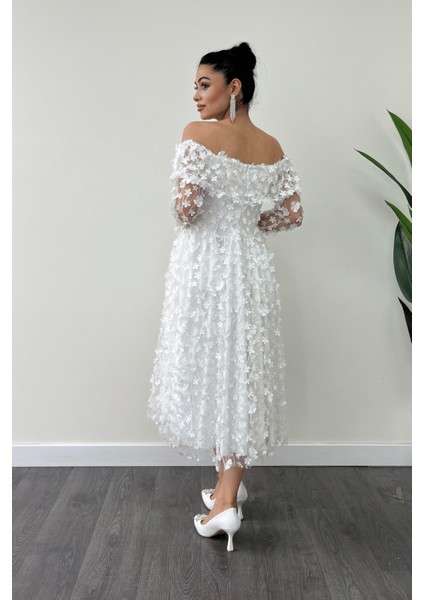 Üç Boyut Çiçekli Kumaş Kayık Yaka Midi Elbise - Beyaz indirimleri