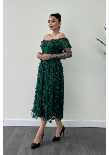 Üç Boyut Çiçekli Kumaş Kayık Yaka Midi Elbise - Zümrüt Yeşil