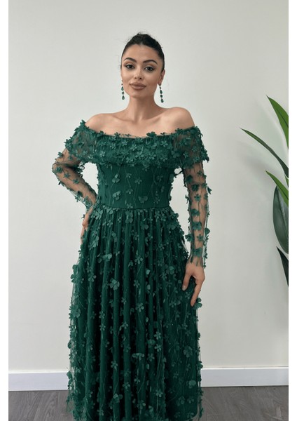 Üç Boyut Çiçekli Kumaş Kayık Yaka Midi Elbise - Zümrüt Yeşil modelleri