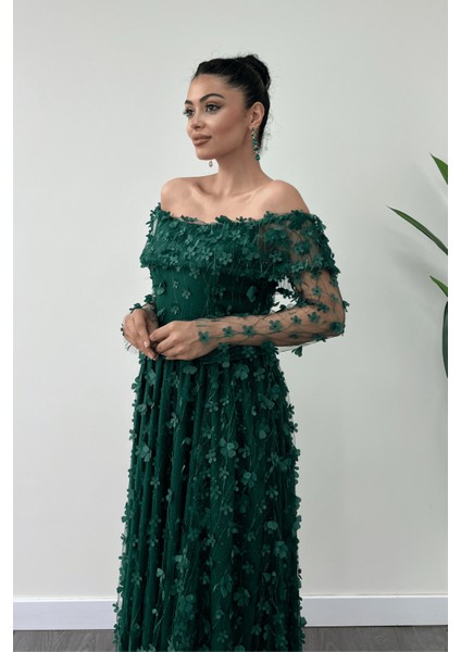 Üç Boyut Çiçekli Kumaş Kayık Yaka Midi Elbise - Zümrüt Yeşil fırsatları