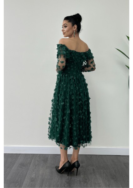 Üç Boyut Çiçekli Kumaş Kayık Yaka Midi Elbise - Zümrüt Yeşil indirimleri