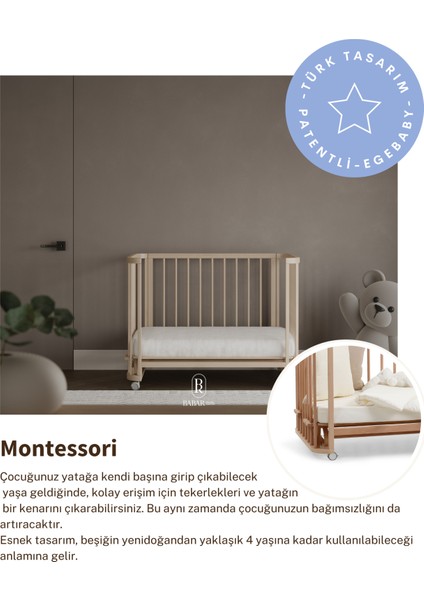 Ege Baby Doğal Ahşap 4 in 1 Beşik Takım (BL) 70 x 110 - anneyanı, karyola, oyun parkı, montessori + junior yatak