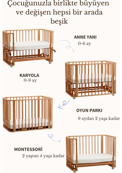 Vernikli Ahşap 4 in 1 Beşik Takım (BL) 70 x 110 - anneyanı, karyola, oyun parkı, montessori + junior yatak