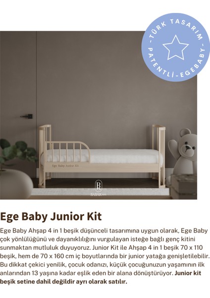 Ege Baby Vernikli Ahşap 4 in 1 Beşik Takım (KL) 70 x 110 - anneyanı, karyola, oyun parkı, montessori + junior yatak