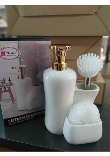 Beyaz Lotıon Dıspenser Wıth Sponge & Brush Fırçalı Sıvı Sabunluk Porselen