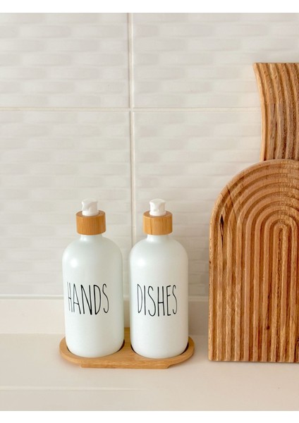 Beyaz 2'li Beyaz Renk Bambu Altlıklı Cam Sabunluk Seti / Hands Dishes Cam fırsatları
